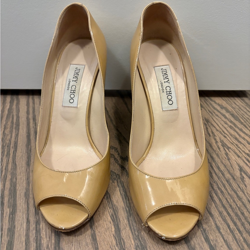 Jimmy Choo Tan Patent Leather Wedges